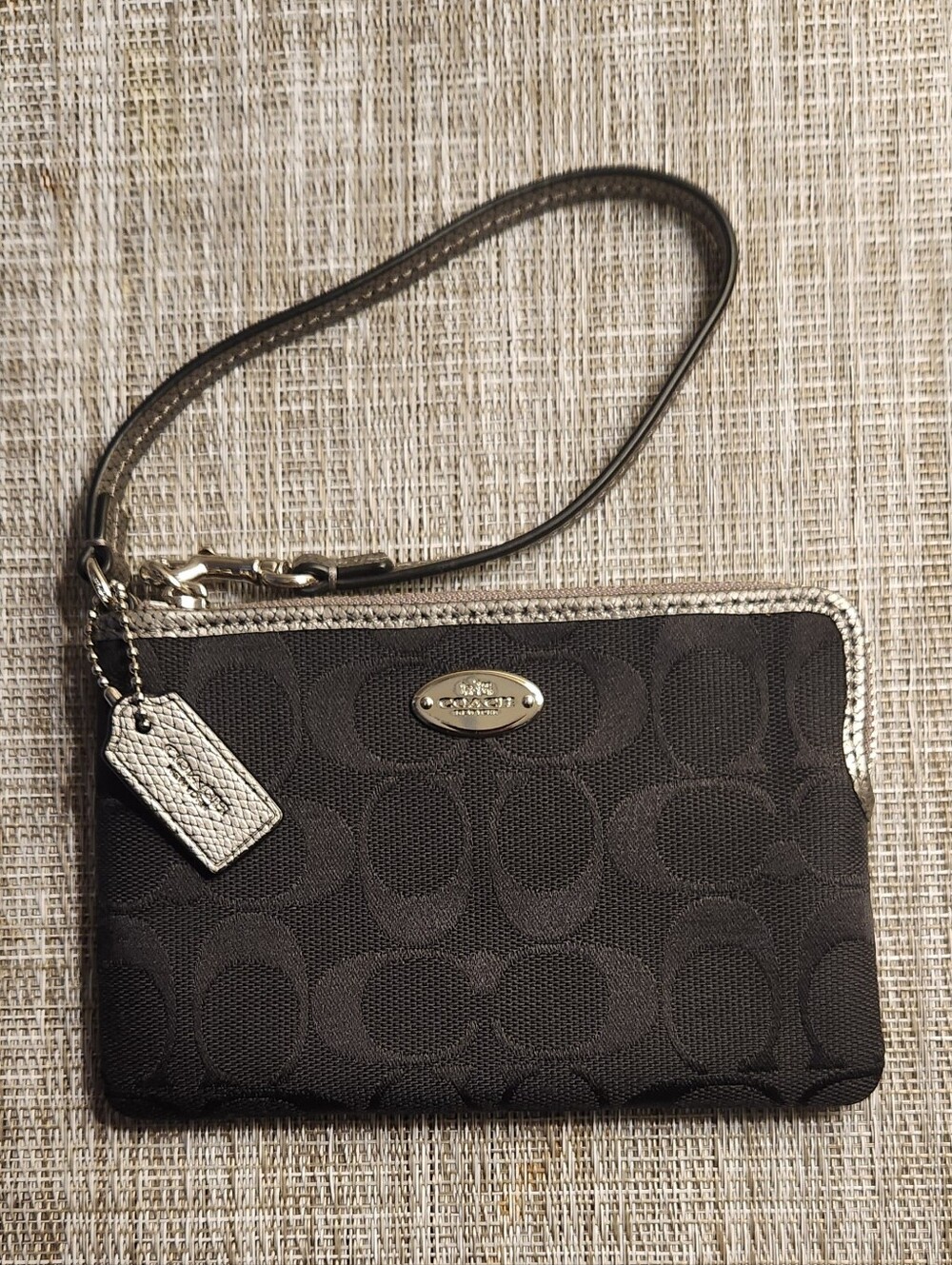Coach Black Signature  Canvas Wristlet with Metallic Silver Accents